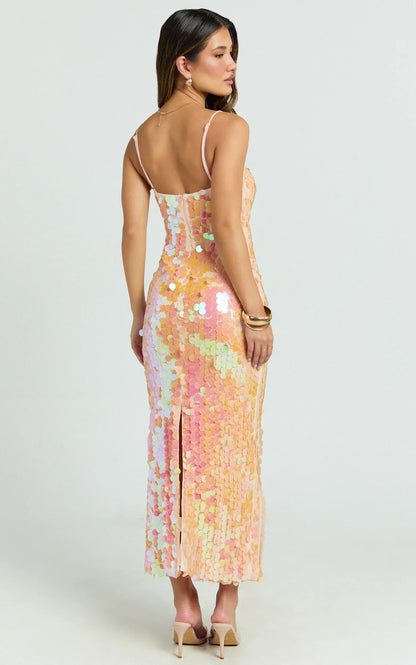 Casey Midi Dress - Square Neck Sequin Bodycon Dress in Peach
