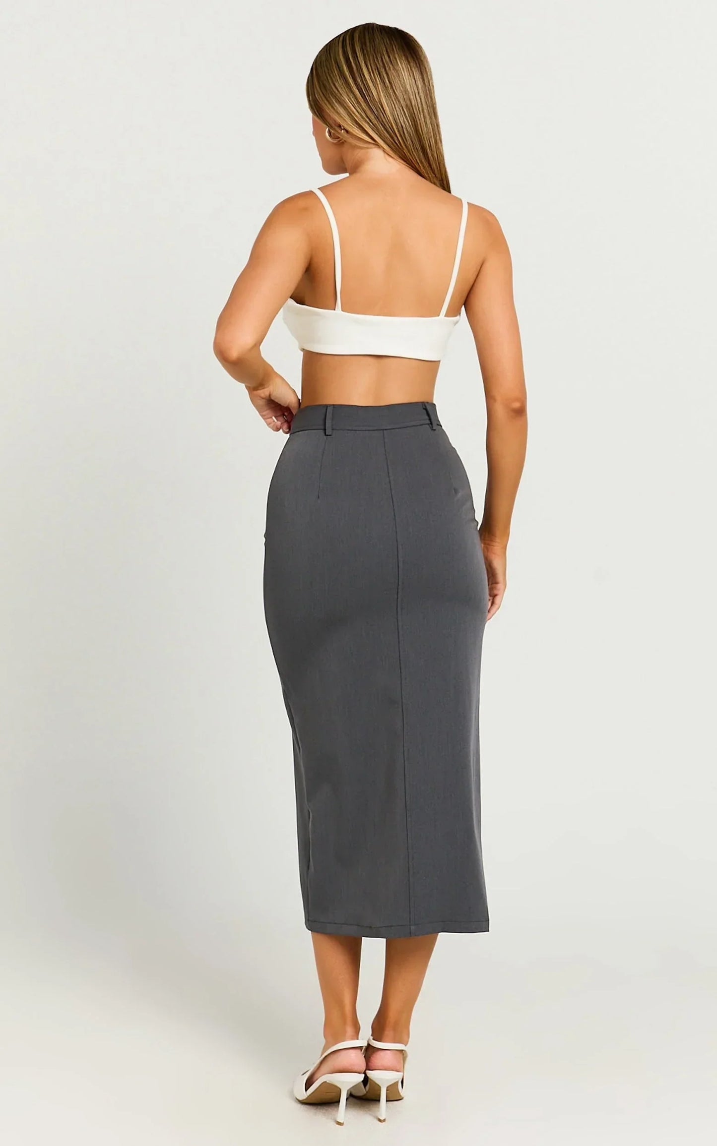 Brylee Midi Skirt - High Waisted Front Split Skirt in Charcoal
