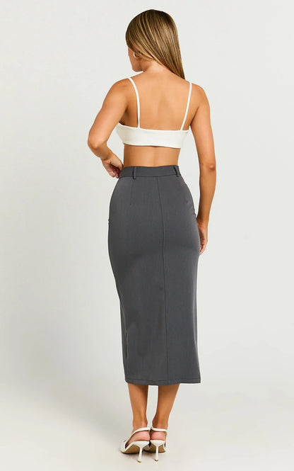 Brylee Midi Skirt - High Waisted Front Split Skirt in Charcoal