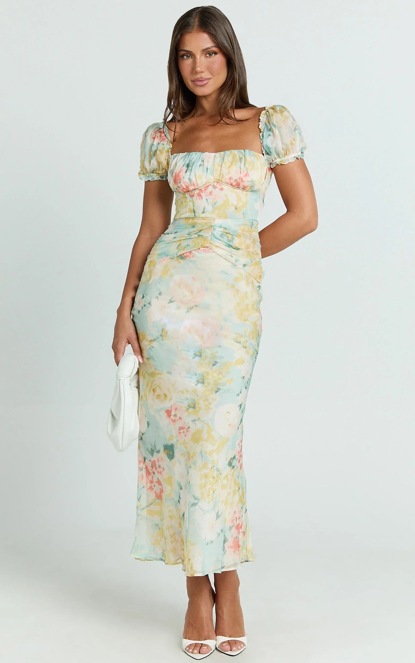Debina Maxi Dress - Sweetheart Neckline Short Sleeve Dress in Yellow