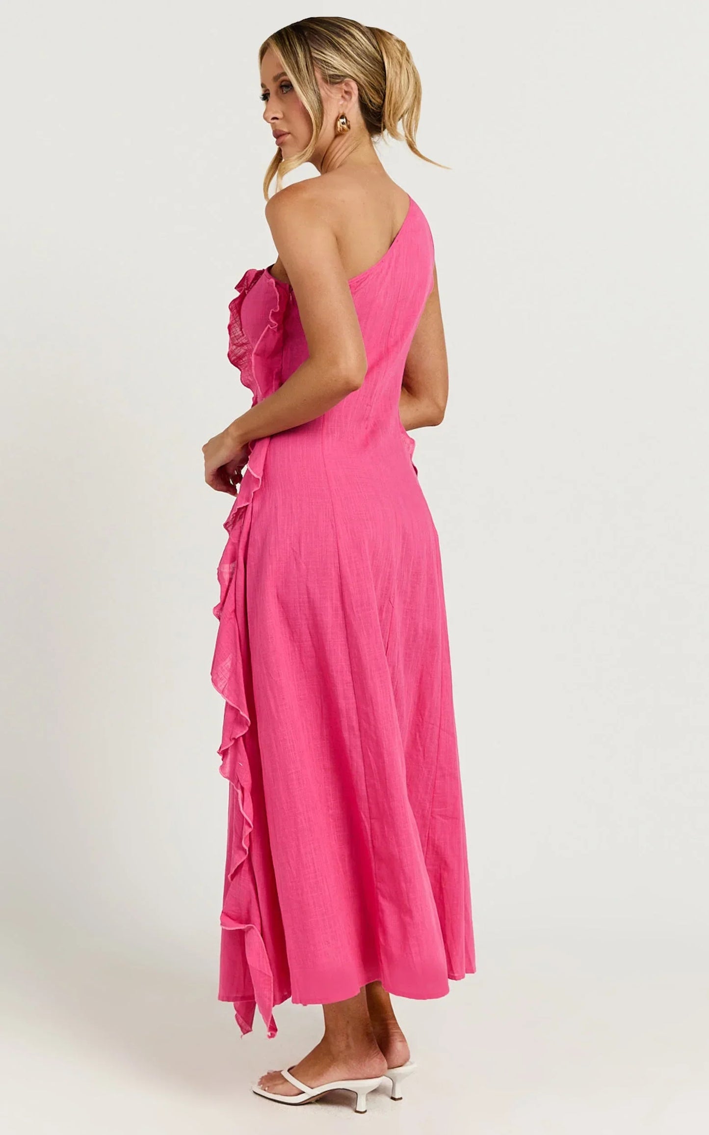 Britney Maxi Linen Blend Dress - One Shoulder Ruffle Detail Dress in Pink