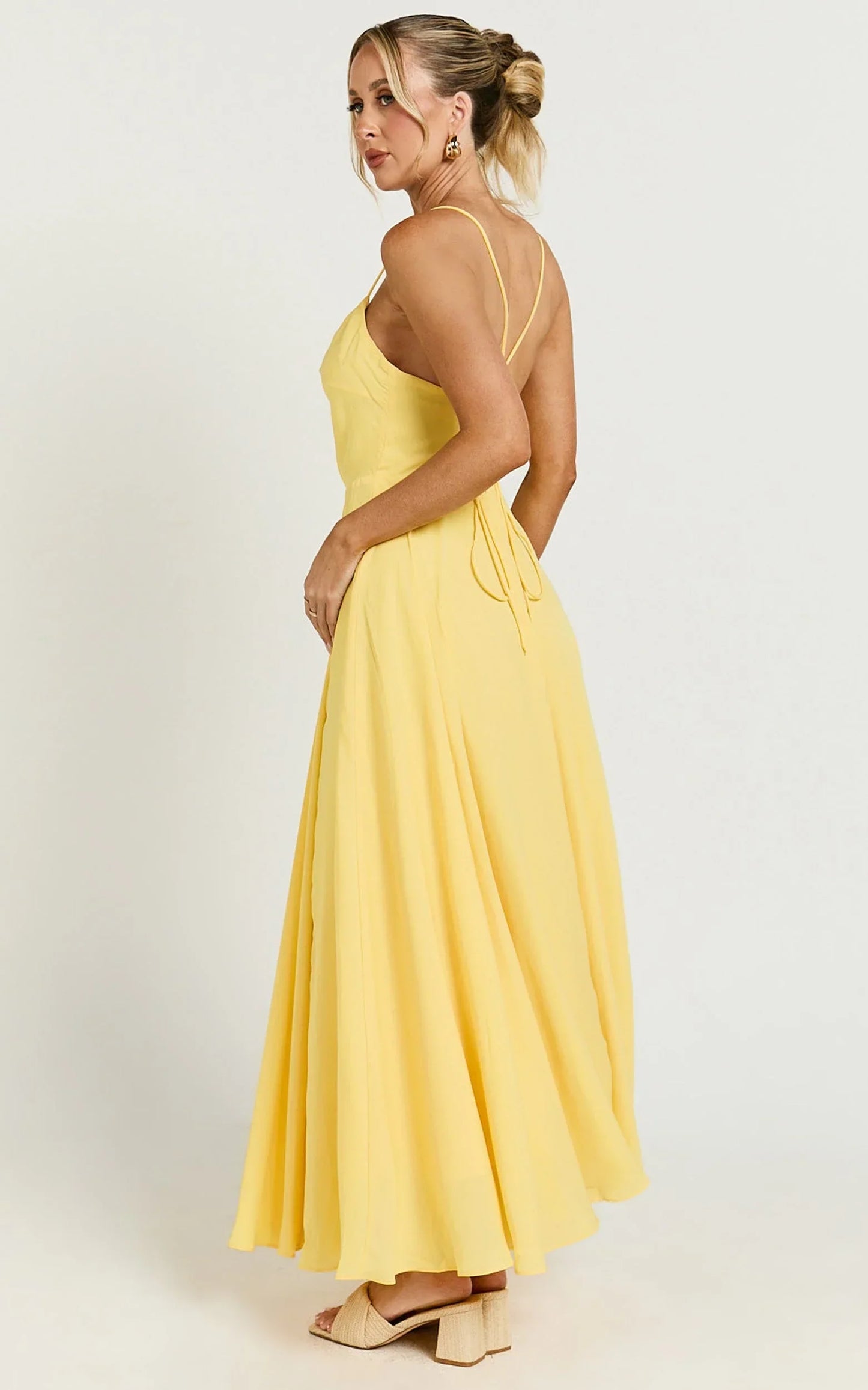 Celestine Midi Dress - Lace Up Back Cowl Neck Dress in Lemon