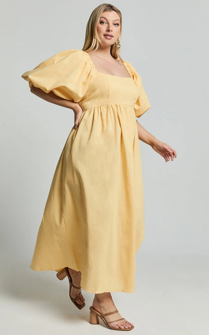 Cenia Midi Dress - Linen Straight Neck Shirred Back Puff Sleeve Dress in Lemon