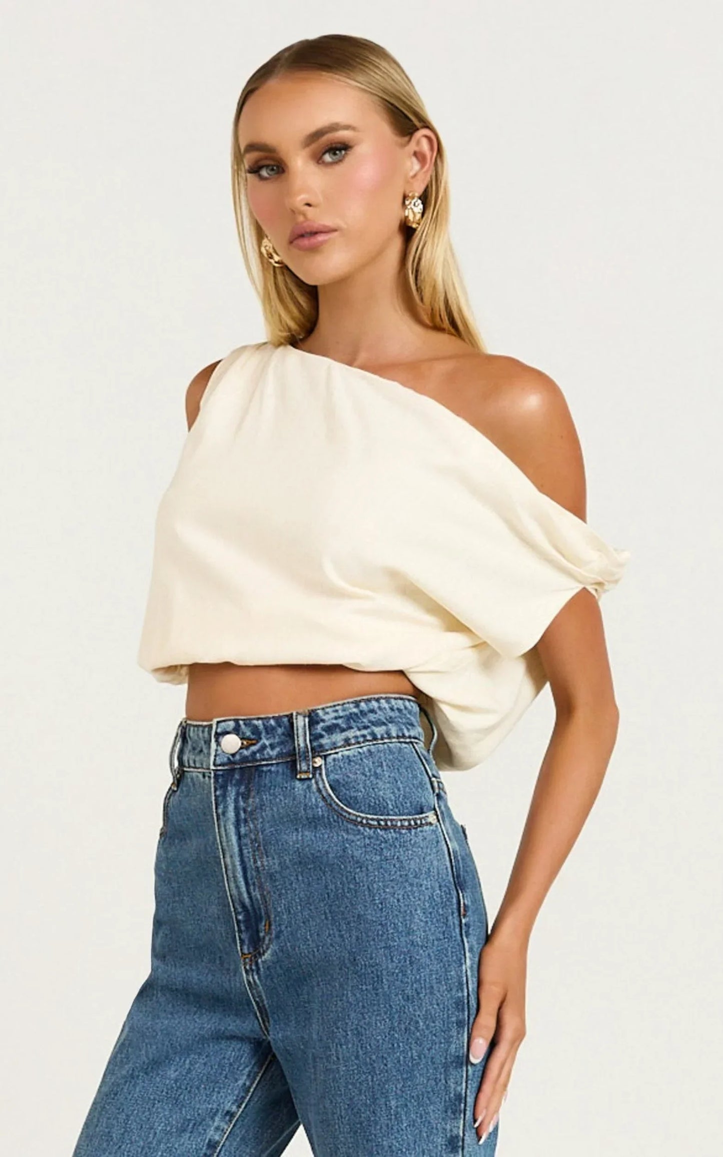 Collins Linen Blend Top - Draped Asymmetrical Neckline Top in Stone