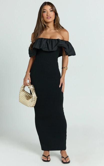 Carol Maxi Dress - Off Shoulder Frill Neckline Dress in Black