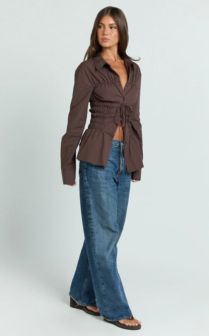 Cody Shirt - Ruched Detail Scrunch Shirt in Chocolate