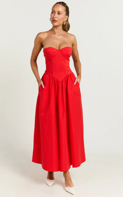 Daria Midi Dress - Strapless Corset Gathered Dress in Red