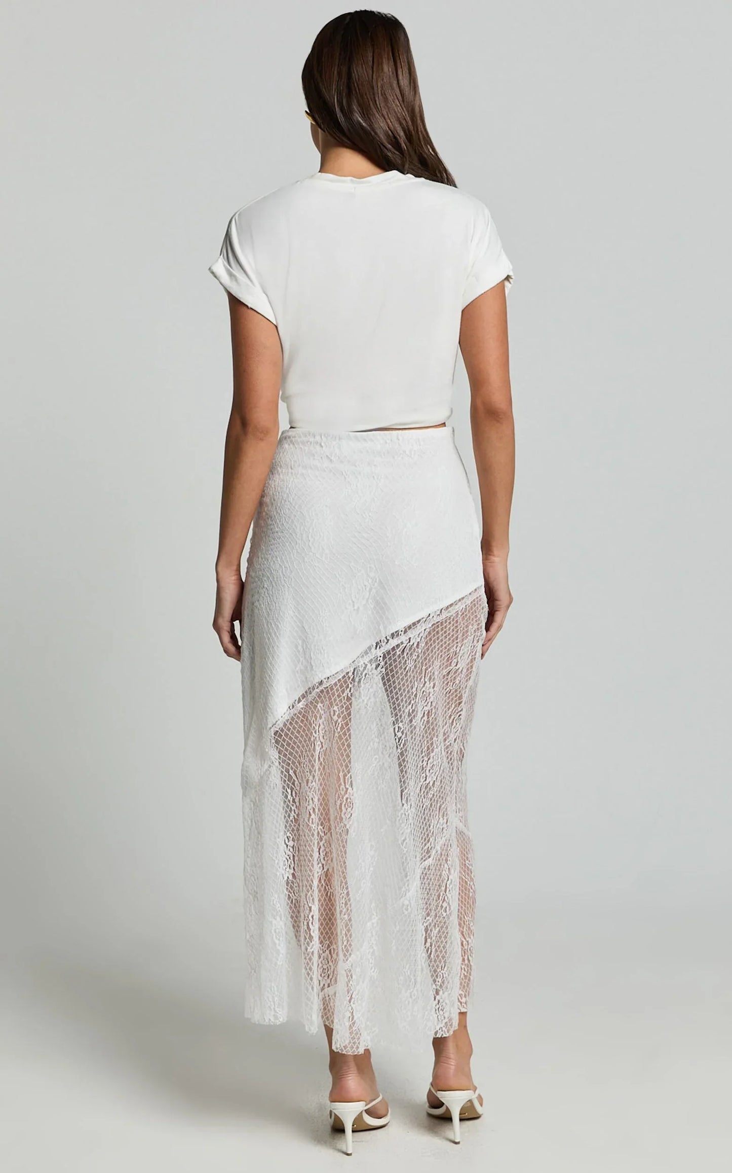 Carina Midi Skirt - Mid Waist Lace Asymmetrical Skirt in Ivory