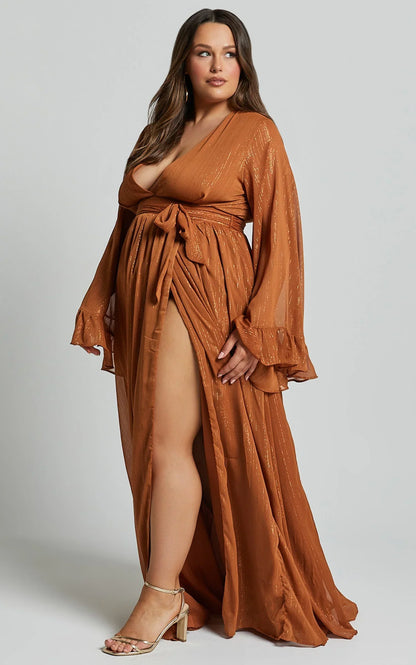 Dangerous Woman Maxi Dress - Plunge Thigh Split Dress in Rust