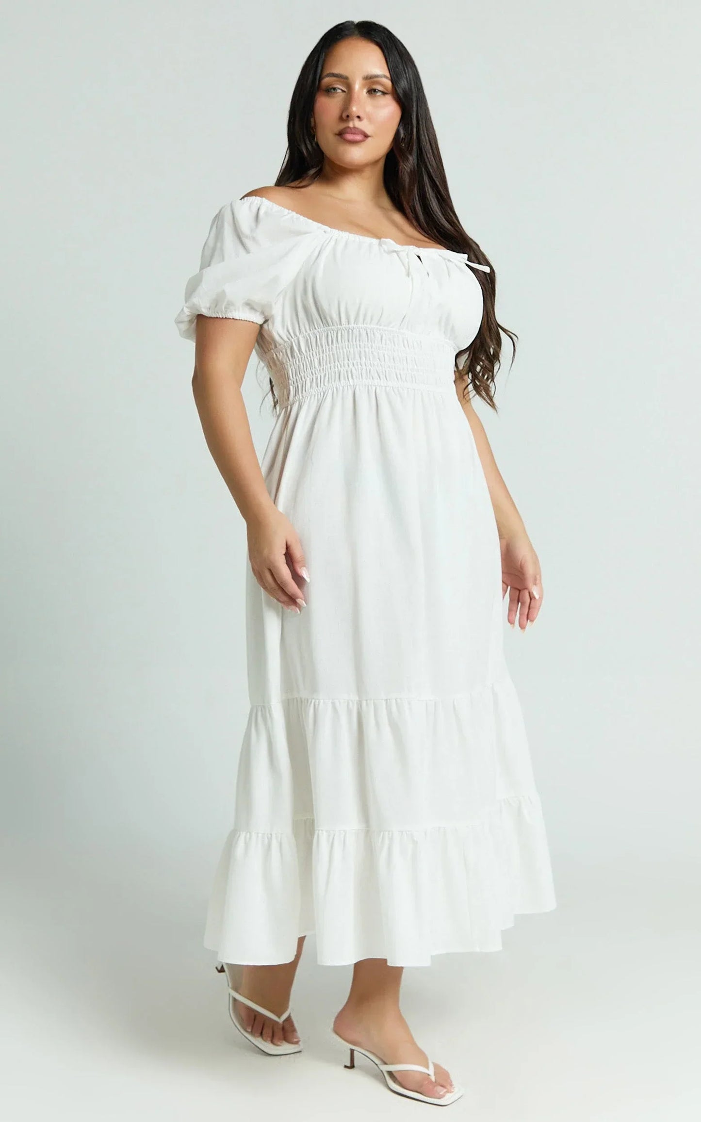 Claritza Midi Dress - Linen Look Short Puff Sleeve Square Neck Tiered Dress in White