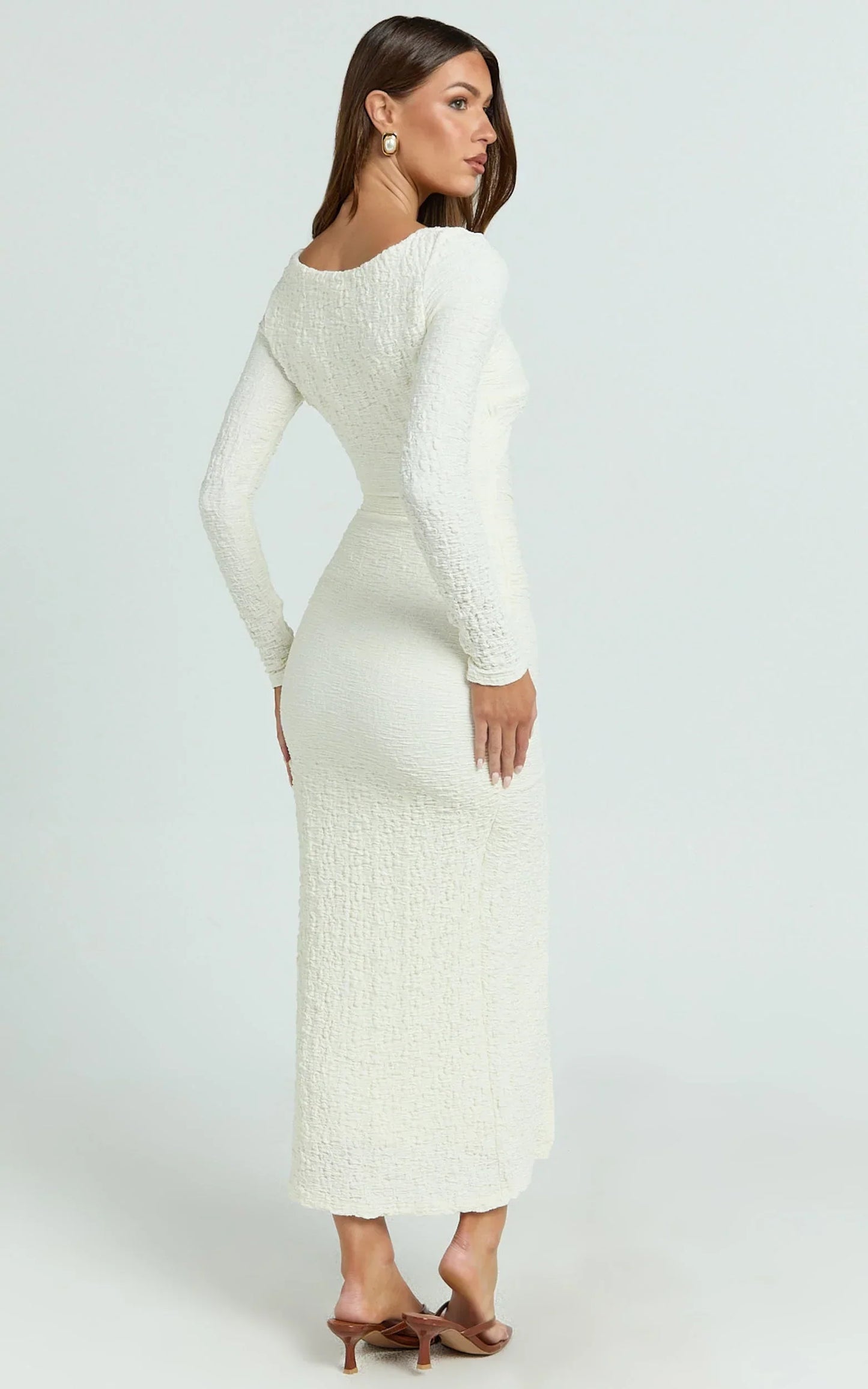 Delaney Midi Dress - Long Sleeve Twist Front Bodycon Dress in Cream