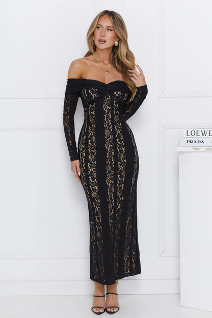 Pure Happiness Off Shoulder Lace Maxi Dress Black