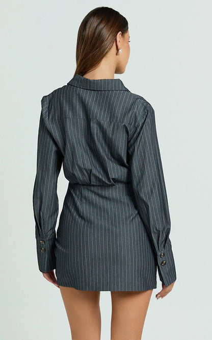 Desiree Mini Dress - Long Sleeve Wrap Skirt Shirt Dress in Grey