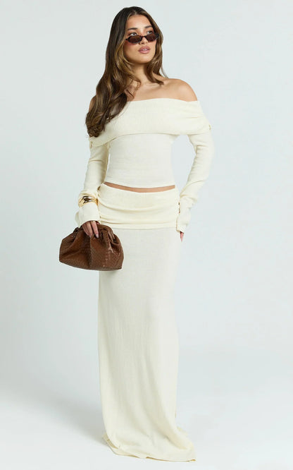Calla Maxi Skirt - Split Gathered Fold Skirt in Cream