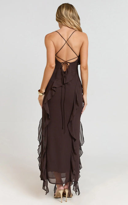 Connie Midi Dress - Ruffle Detail Dress in Chocolate