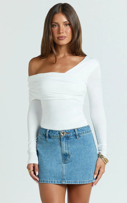 Cate Top - Long Sleeve Asymmetrical Neckline Top in White