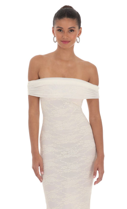 Off Shoulder Sheer Lace Maxi Dress in Cream