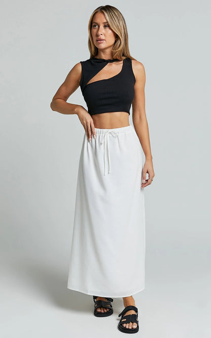 Bree Midi Skirt - Tie Waist Linen Look A Line Skirt in White