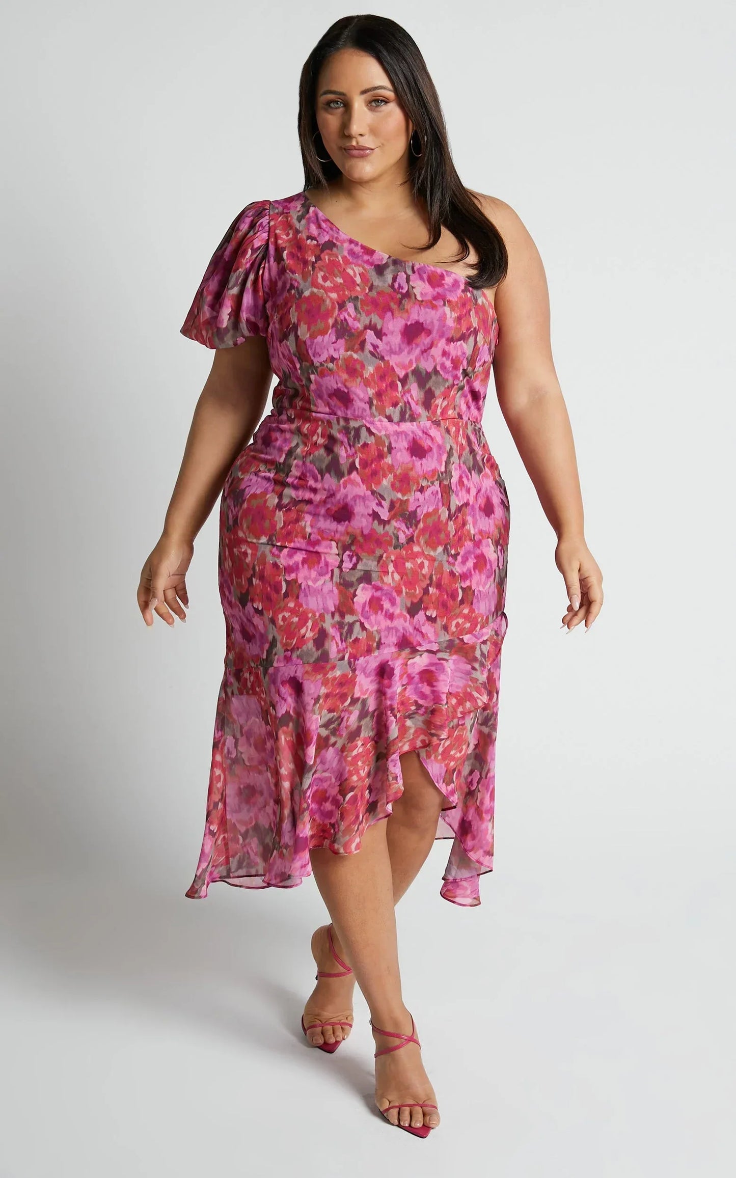 Clabelle Midi Dress - One Shoulder Ruffle Tulip Hem Dress in Violette Blur Floral