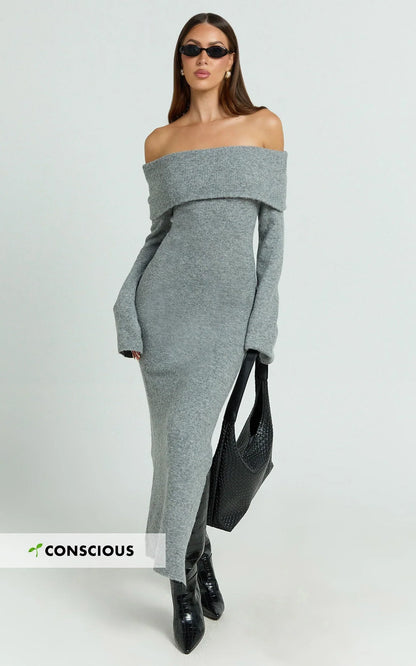 Darcie Midi Dress - Off Shoulder Knitted Long Sleeve Dress in Grey Marle