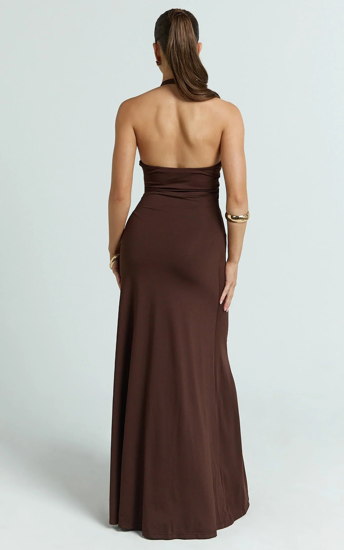 Denise Maxi Dress - Halter U Ruched Neck Cut Out Jersey Dress in Chocolate