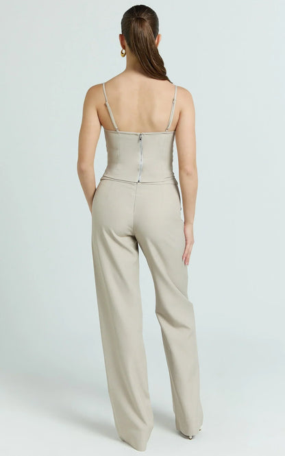 Charlize Pants - Stretch Slim Leg Front Buckle Pants in Stone