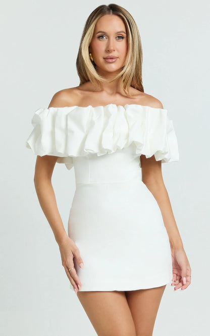 Coraline Mini Dress - Ruffle Off Shoulder Fitted Dress in White