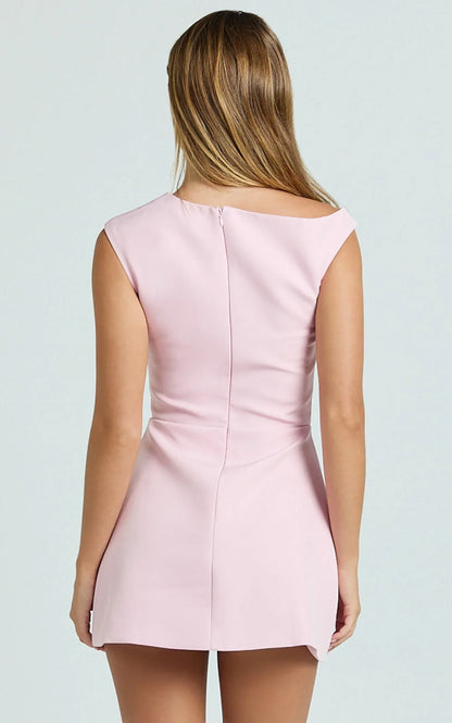 Claire Mini Dress - Tipped Shoulder Tulip Skirt Dress in Pink
