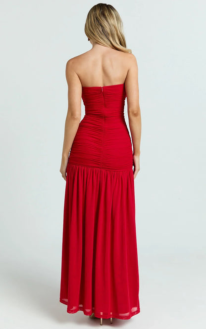 Cardi Maxi Dress - Ruched Mesh High Leg Split Dress in Red