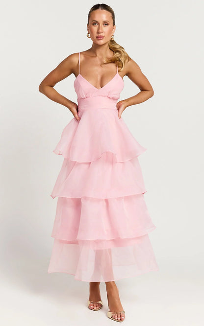 Cindy Midi Dress - Layered Skirt Dress in Soft Pink