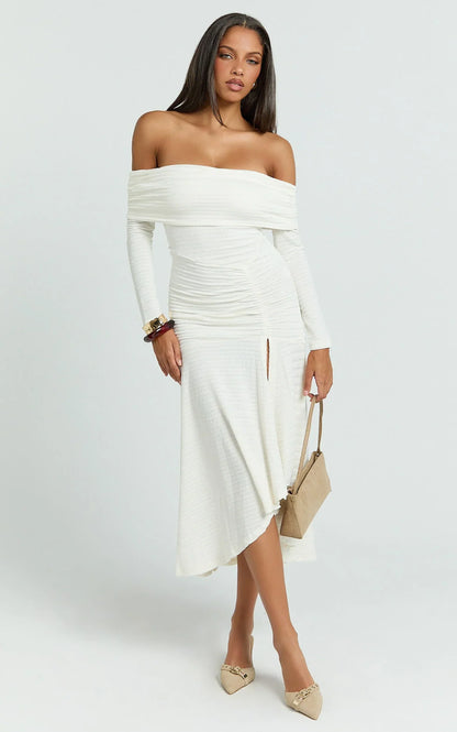 Carissa Midi Dress - Off Shoulder Long Sleeve Flounce Skirt Jersey Dress in Ivory