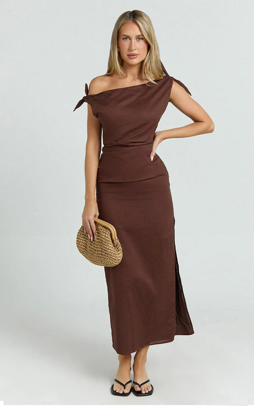 Cincinnati Midi Dress - Off The Shoulder Side Split Column Linen Dress in Chocolate