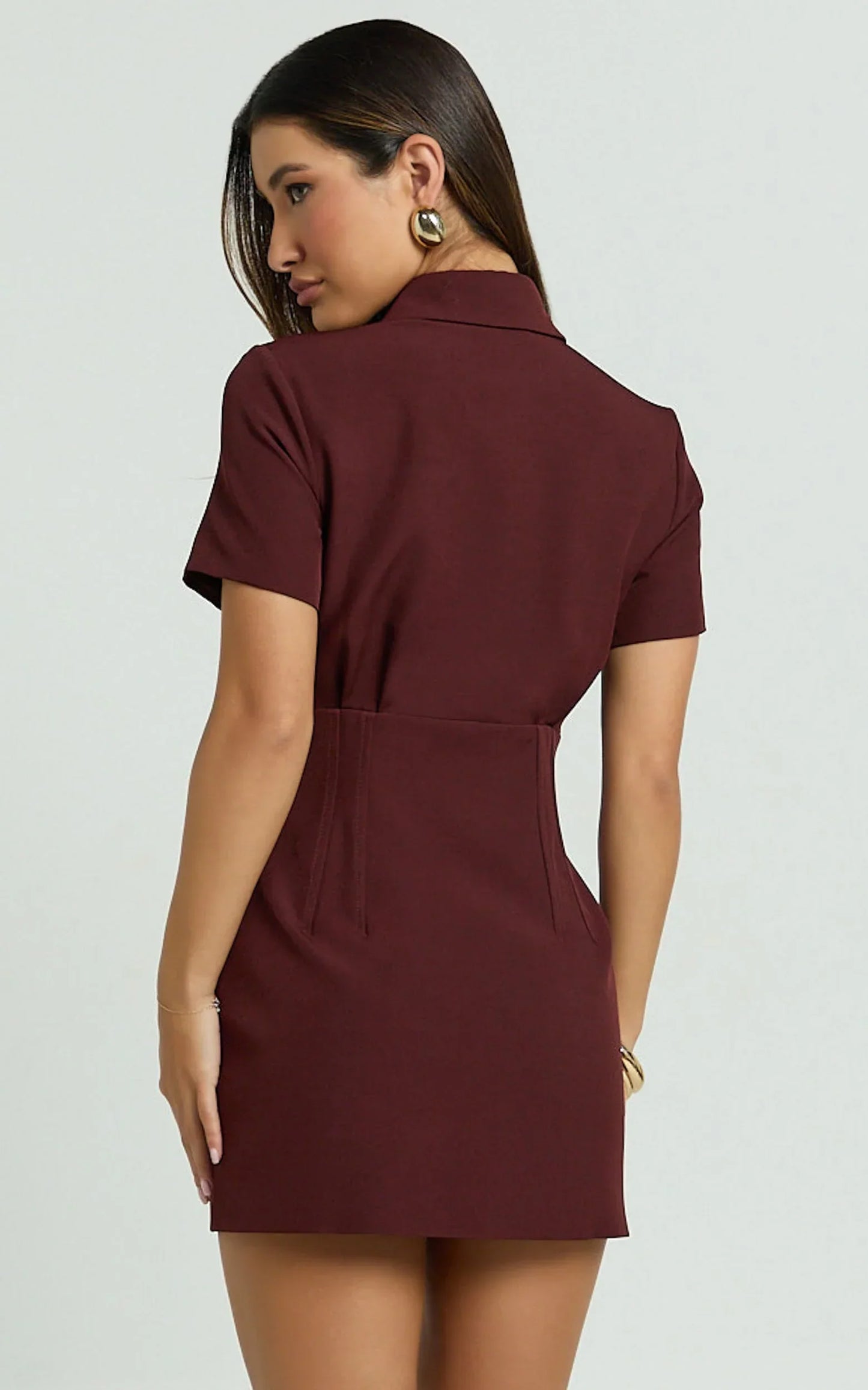 Charity Mini Dress - Placket Front Fitted Shirt Dress in Mahogany