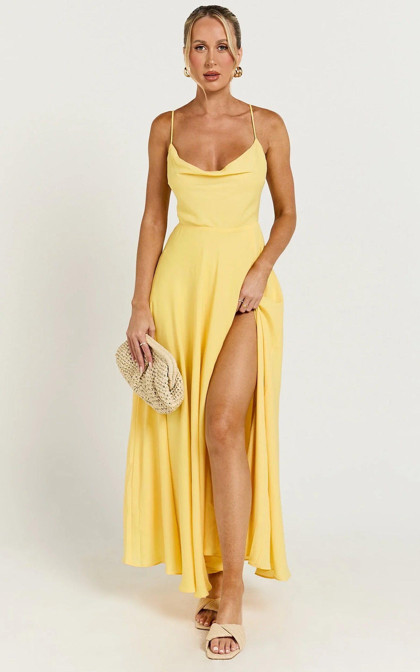 Celestine Midi Dress - Lace Up Back Cowl Neck Dress in Lemon