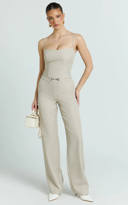 Charlize Pants - Stretch Slim Leg Front Buckle Pants in Stone