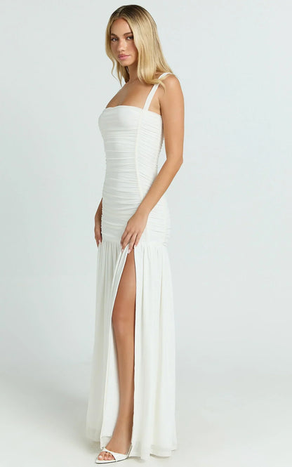 Cardi Maxi Dress - Ruched Mesh High Leg Split Dress in Ivory