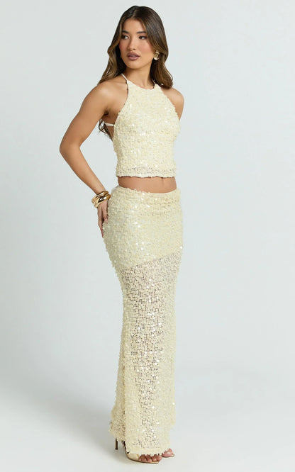 Celeste Maxi Skirt - Sequin Fit And Flare Skirt in Lemon