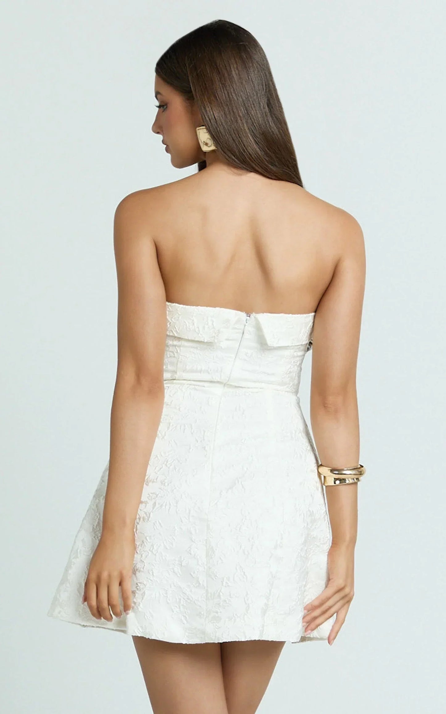 Courtney Mini Dress - Satin Paneled Strapless A Line Dress in White