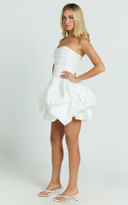 Deb Mini Dress - Ruched Strapless Bubble Hem Dress in Off White