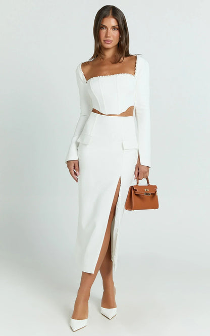 Davie Midi Skirt - High Waist Split Front Skirt in White