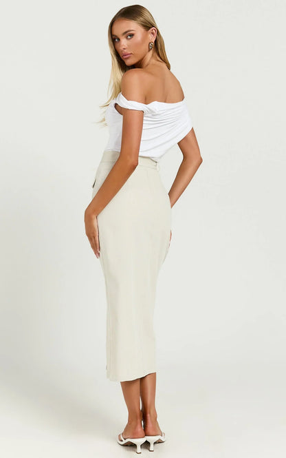 Brylee Midi Skirt - High Waisted Front Split Skirt in Stone
