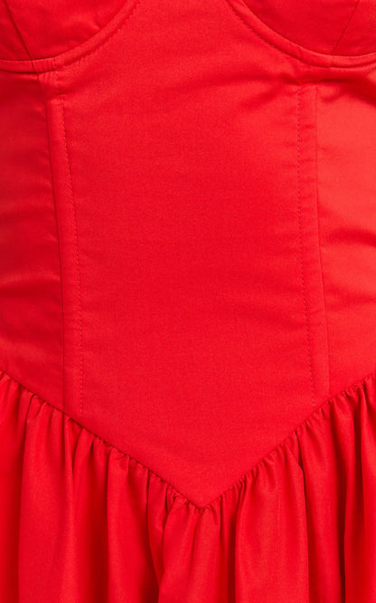 Daria Midi Dress - Strapless Corset Gathered Dress in Red