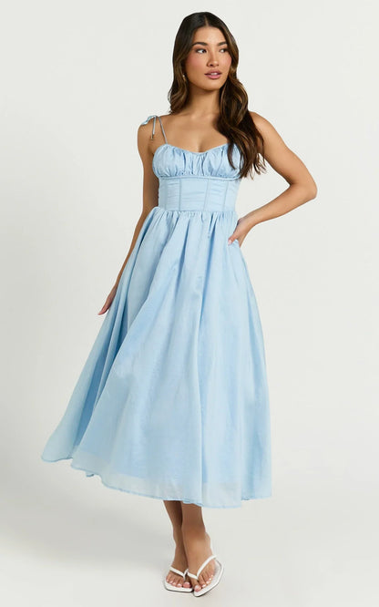 Dolores Midi Dress - Strappy Ruched Bust Corset Waist Dress in Blue