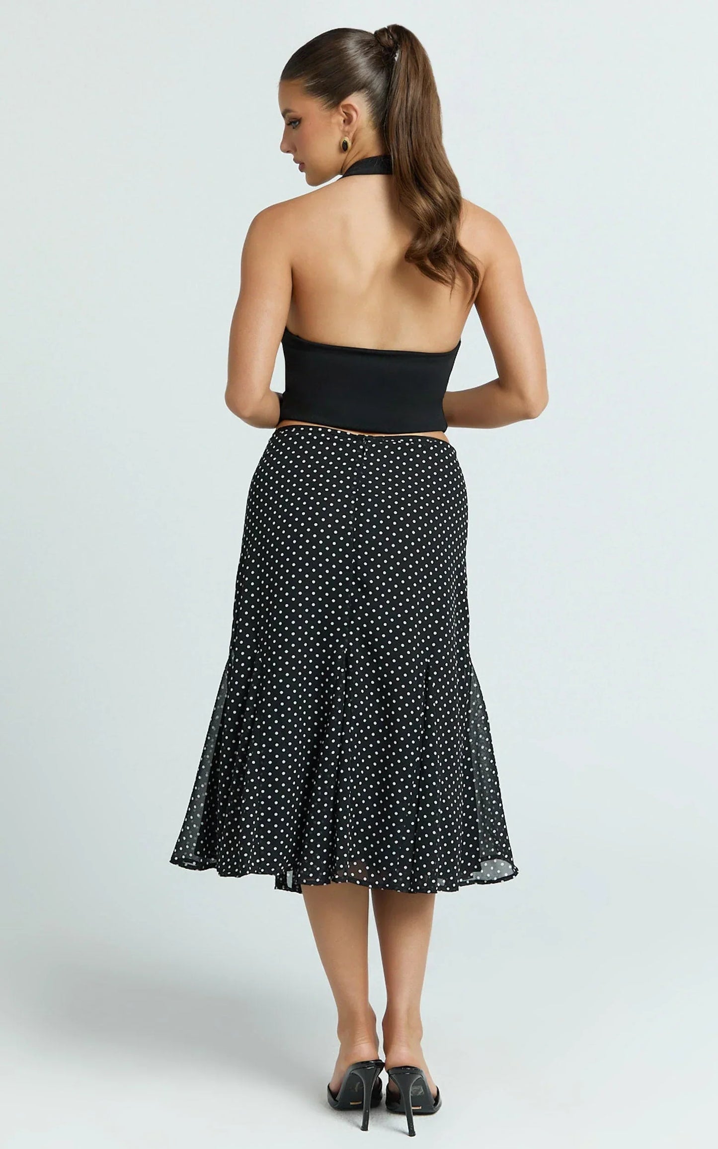 Charlie Midi Skirt - Polka Dot Low Waist Godet Skirt in Black