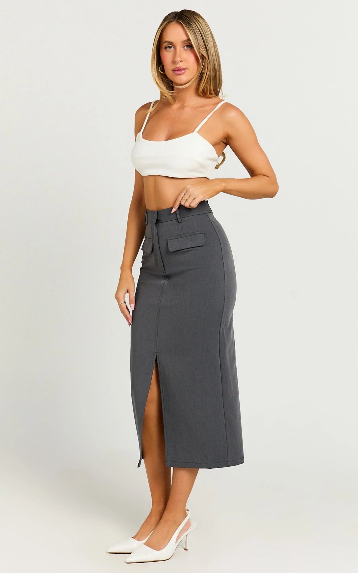 Brylee Midi Skirt - High Waisted Front Split Skirt in Charcoal