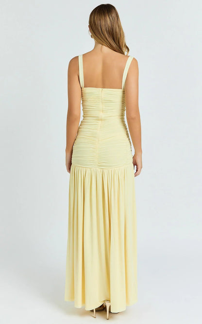 Cardi Maxi Dress - Ruched Mesh High Leg Split Dress in Lemon