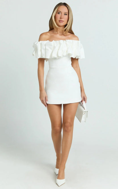 Coraline Mini Dress - Ruffle Off Shoulder Fitted Dress in White