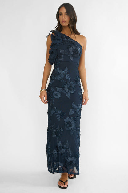 Deanna One-Shoulder Ruffle Maxi Dress Floral Navy
