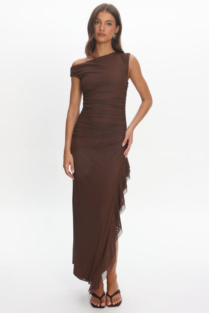 Moonlit Magic Asymmetric Neckline Slit Maxi Dress Chocolate