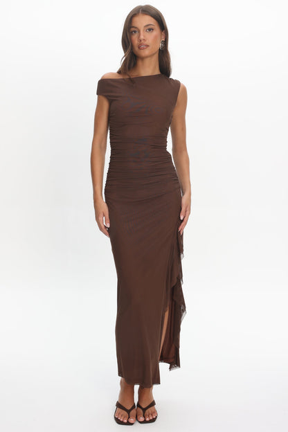 Moonlit Magic Asymmetric Neckline Slit Maxi Dress Chocolate